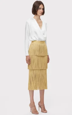 ICON METALLIC LAYERED FRINGE MIDI SKIRT-Hervé Léger Discount