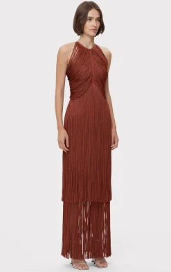 METALLIC DRAPED FRINGE HALTER GOWN-Hervé Léger Discount