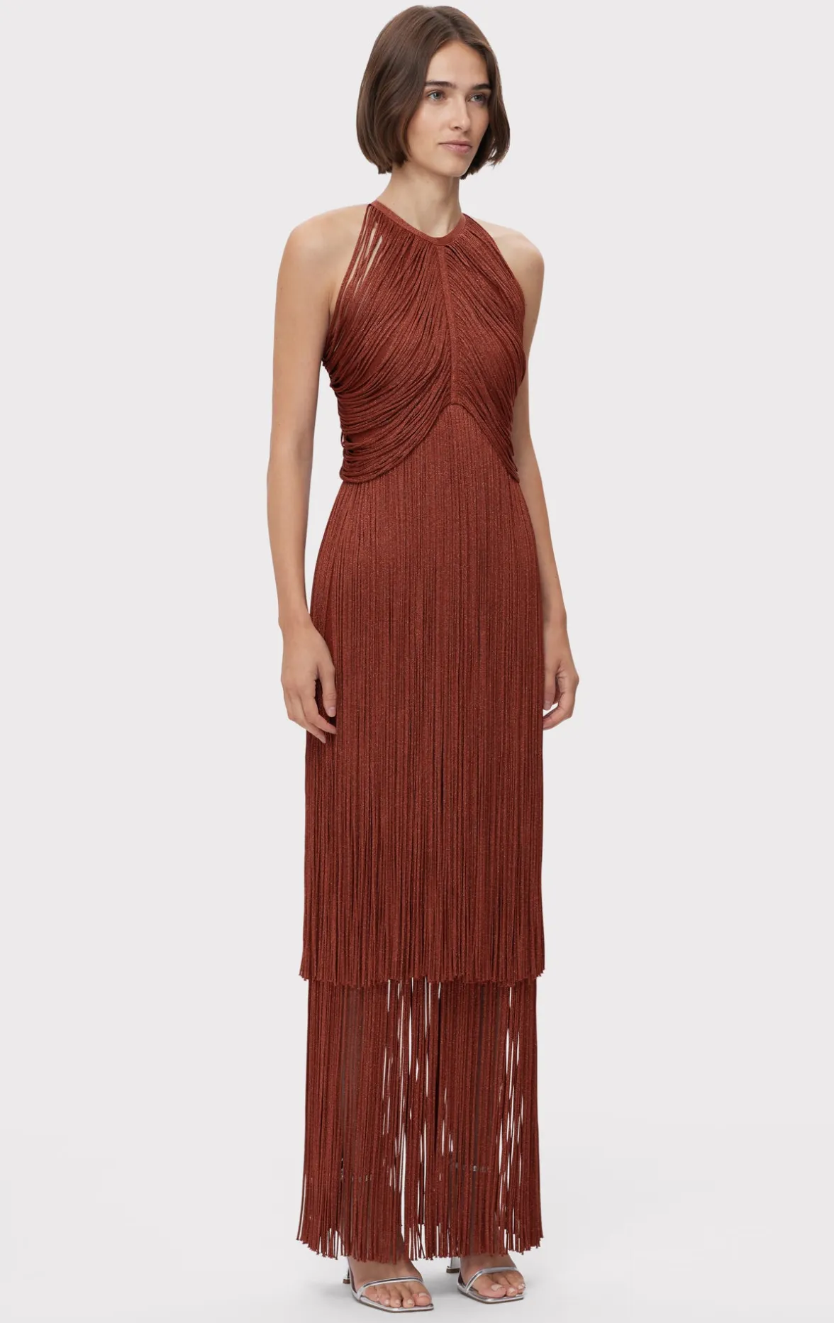 METALLIC DRAPED FRINGE HALTER GOWN-Hervé Léger Discount