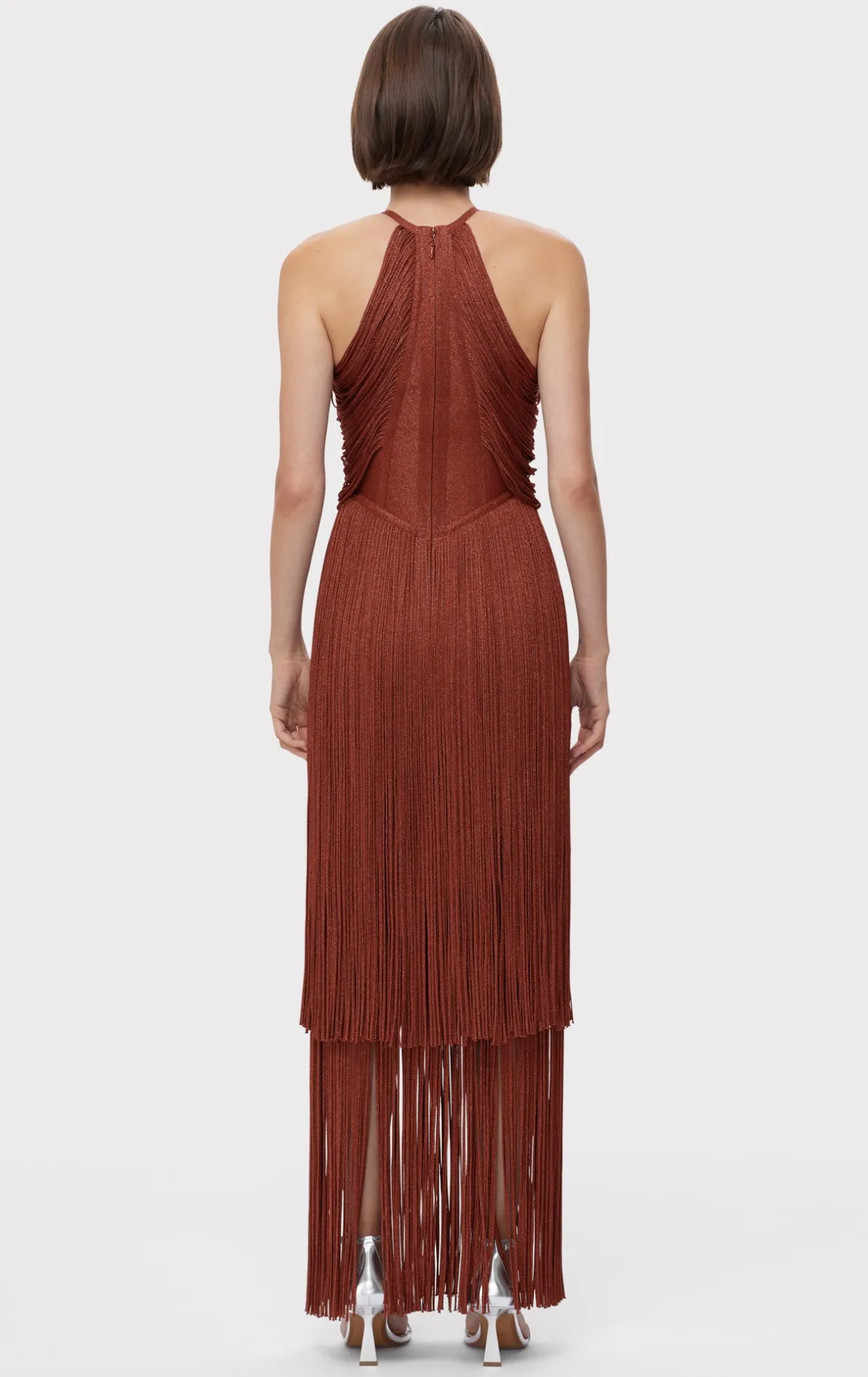 METALLIC DRAPED FRINGE HALTER GOWN-Hervé Léger Discount