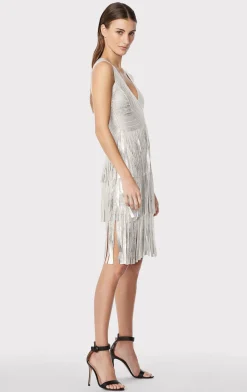 V NECK FOIL FRINGED MIDI DRESS-Hervé Léger Clearance